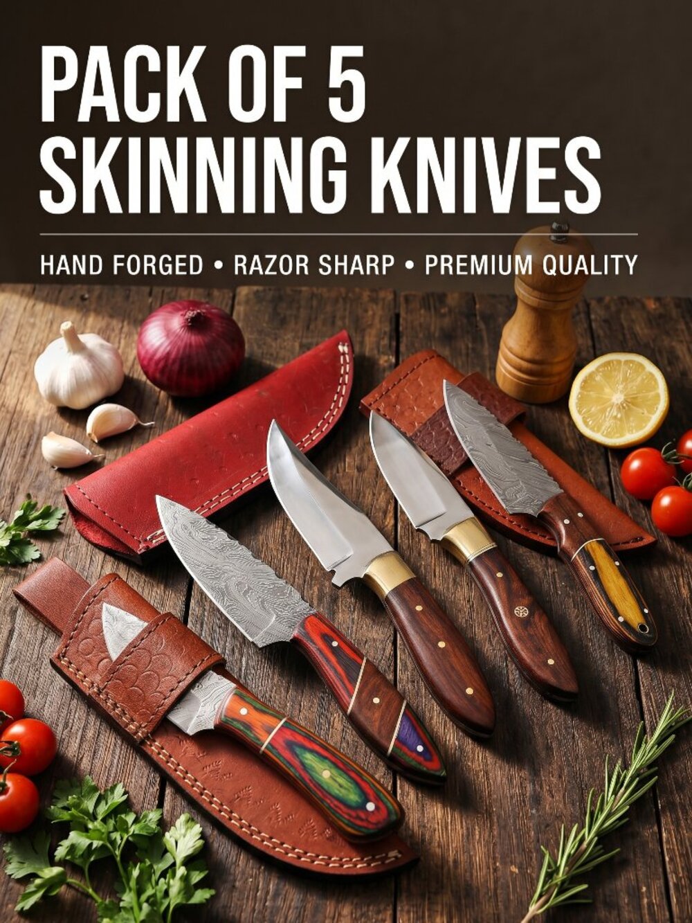 5 Pc Damascus Skinner Knife Set Handmade Hunting Skinning Knives Leather Sheath